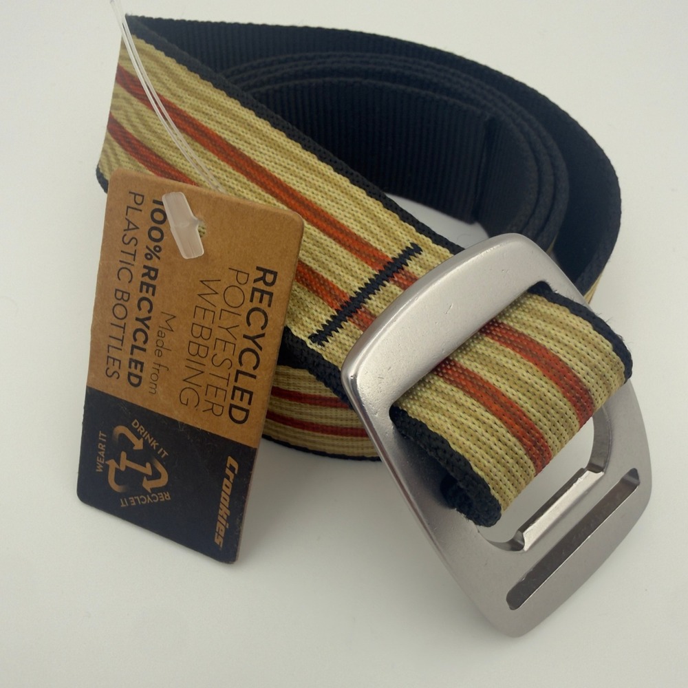 Croakies Artisan Belt Tan Orange Striped Recycled Webbing Bottle Opener Buckle
